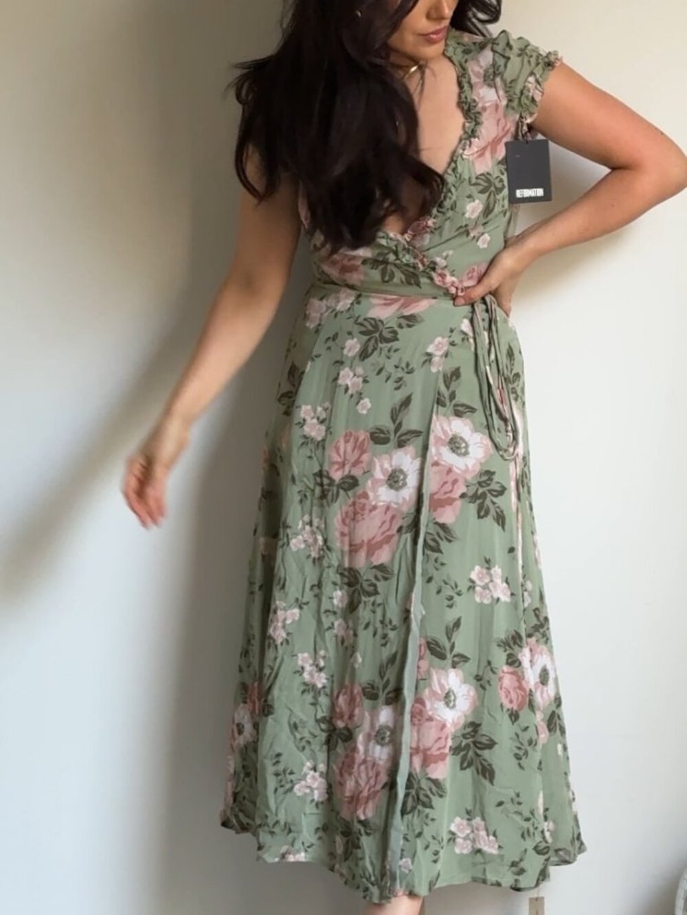 🌸 Reformation Gwenyth Floral Wrap Midi Dress Athena Sage Green Pink XS